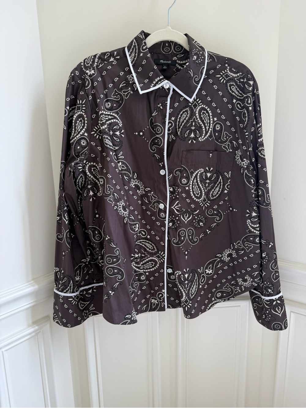 Black Paisley Button-Up Shirt with White Trim